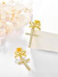 wholesale Gold 925 Sterling Silver Bow and Cross Stud Earrings for Women - Faith  Ideas-0-1