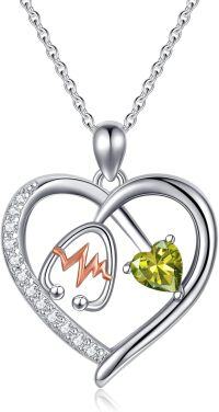 wholesale 925 Sterling Silver Gemstone Heart Stethoscope Pendant Necklace for Women-A8:August-Peridot