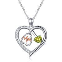 wholesale 925 Sterling Silver Gemstone Heart Stethoscope Pendant Necklace for Women-A8:August-Peridot