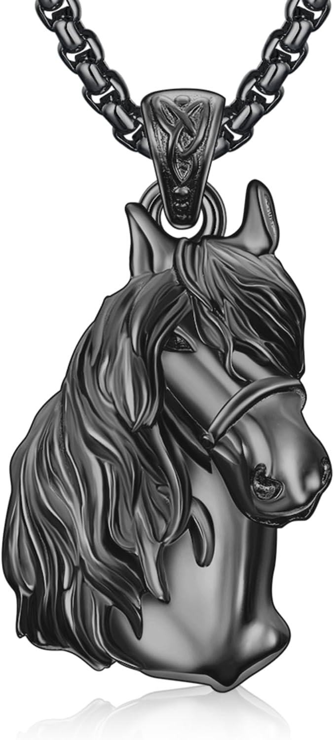 925 Sterling Silver Black Horse Head Pendant Necklace - Equestrian s for Her-0-0