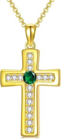 wholesale 925 Sterling Silver Gold Plated Cubic Zirconia Birthstone Cross Necklace-E.Green-May-Emerald