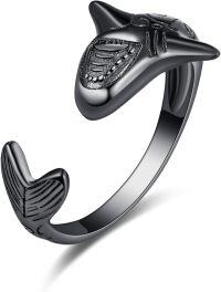 wholesale 925 Sterling Silver Adjustable Snake Shark Fox Skull Ring Punk Gothic Jewelry Gift-06-shark ring(black)
