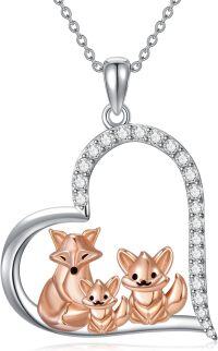 wholesale 925 Sterling Silver Two-Tone Fox Family in Heart Pendant Necklace for Women-Style C-Family-Heart