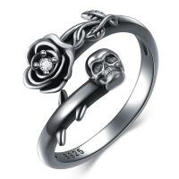 wholesale 925 Sterling Silver Skull And Rose Rings Wholesale With Crystal Center-Skull