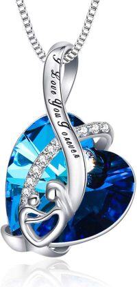 wholesale 925 Sterling Silver & Austrian Crystal Heart Pendant Necklace I Love You Forever Mom Daughter Son Gift-05 Mother Daughter/Son Necklace(Blue)