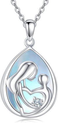 wholesale 925 Sterling Silver Teardrop Mother Daughter Son Pendant Necklaces with Blue Shell and Cubic Zirconia for Women Girls Gifts-Moonstone