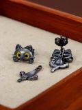 wholesale 925 Sterling Silver Black Cat Stud Earrings with Yellow Eyes and Pink Paws - Halloween  Ideas-0-2