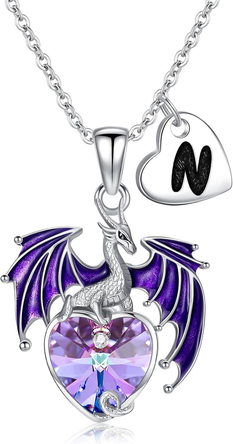 Sterling Silver Crystal Dragon Necklace with Heart Gift for Women-N