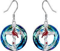 wholesale 925 Sterling Silver Red Cardinal Cross Swarovski Crystal Drop Earrings Gifts for Her-Red Cardinal Earrings with Blue Circle Crystal