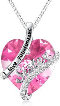 wholesale Sterling Silver Birthstone Sister Necklaces Heart Jewelry Gifts for Sister Birthday Anniversary Valentine s Day-10-Oct - Pink Tourmaline