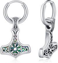 wholesale 925 Sterling Silver Viking Thor's Hammer Mjolnir Huggie Hoop Earrings w/Abalone Shell & Vegv¨ªs¨ªr Symbol-Vegvisir