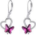 wholesale 925 Sterling Silver Heart-Shaped Pink Crystal Butterfly Drop Earrings for Women-0-0