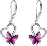 wholesale 925 Sterling Silver Heart-Shaped Pink Crystal Butterfly Drop Earrings for Women-purple