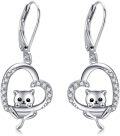 wholesale 925 Sterling Silver Black Cat in Heart Shape Drop Earrings with Cubic Zirconia Stones for Women Girls  4cm Long-0-0