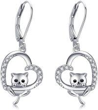 wholesale 925 Sterling Silver Black Cat in Heart Shape Drop Earrings with Cubic Zirconia Stones for Women Girls  4cm Long-Cat Earring