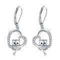 wholesale 925 Sterling Silver Black Cat in Heart Shape Drop Earrings with Cubic Zirconia Stones for Women Girls  4cm Long-0-0