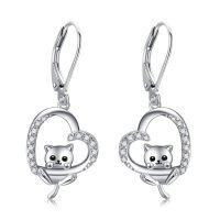 wholesale 925 Sterling Silver Black Cat in Heart Shape Drop Earrings with Cubic Zirconia Stones for Women Girls  4cm Long-Cat Earring