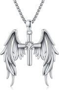 wholesale 925 Sterling Silver Angel Wing Cross Pendant Necklace with Cubic Zirconia for Men & Women-0-0