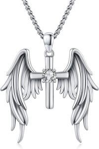 wholesale 925 Sterling Silver Angel Wing Cross Pendant Necklace with Cubic Zirconia for Men & Women-Silver Angel Wings