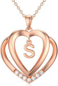 wholesale Sterling Silver Moissanite Heart Initial Pendant Necklace for Her-Rose Gold - S Initial