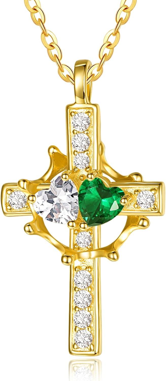 Sterling Silver Birthstones Gold Cross Necklace for Women -04-05-Apr-May-04-05-Apr-May