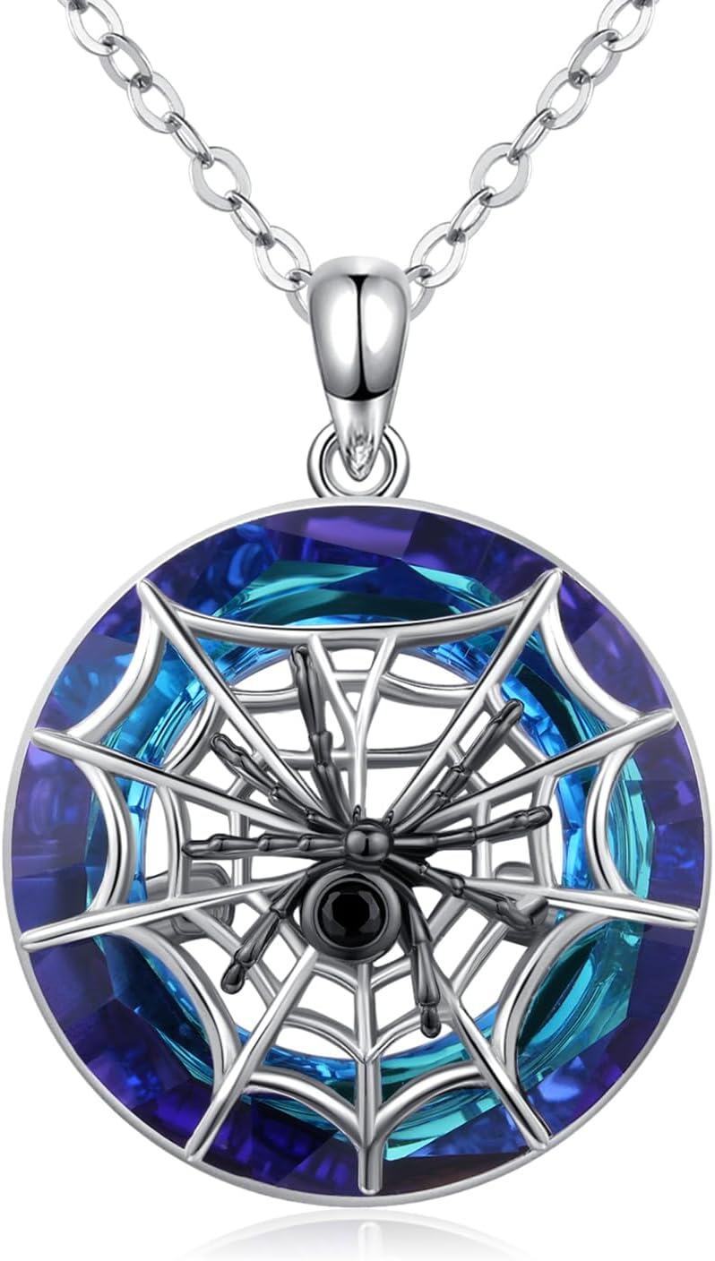 Sterling Silver Spider Skull Necklace Halloween Jewelry Gift for Women Girls-0-1