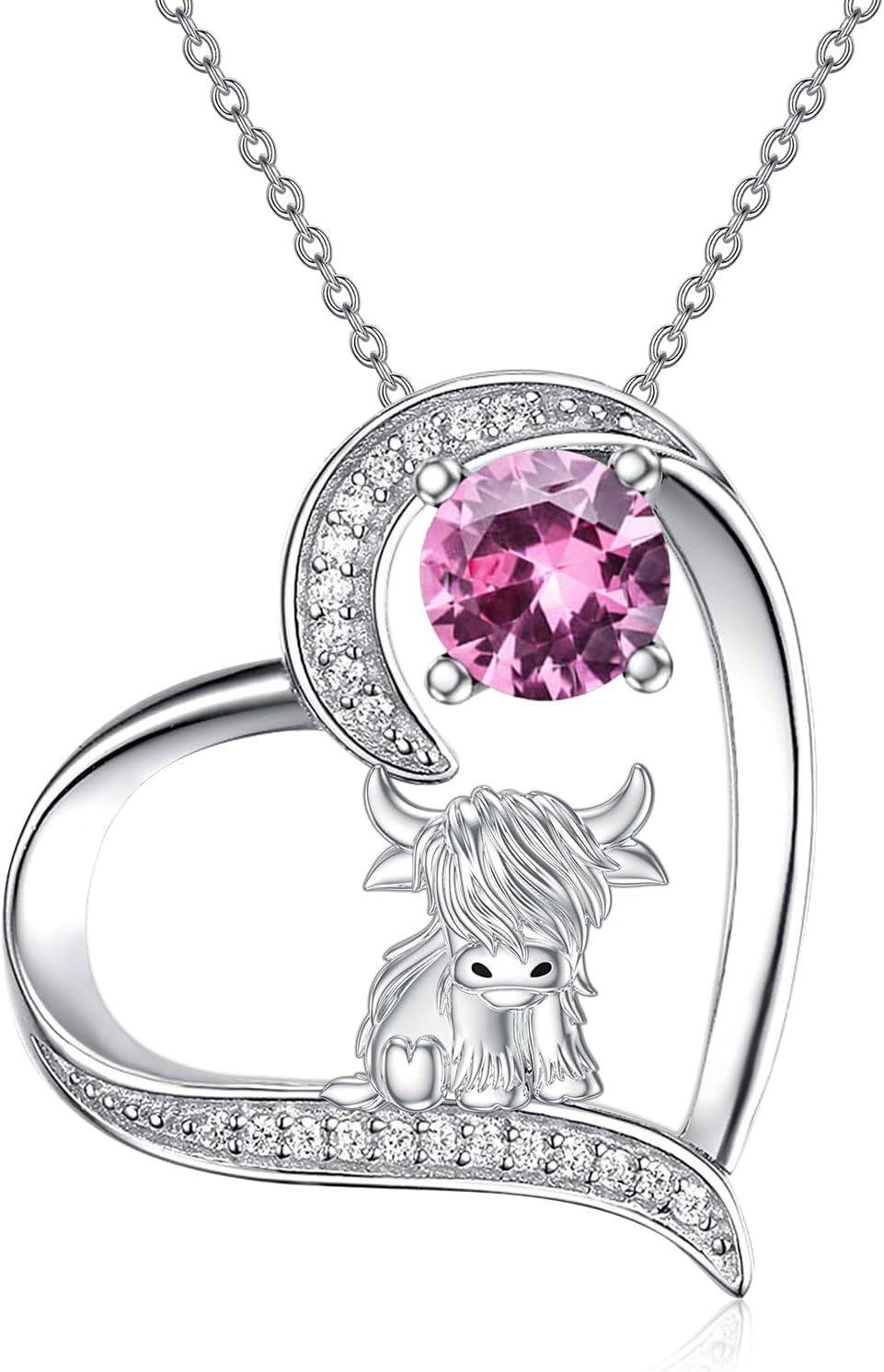 Sterling Silver Highland Cow Birthstone Necklace Jewelry Gifts for Women Girls-1-10-October-1-10-October