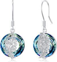 wholesale 925 Sterling Silver Blue Crystal Feather Drop Earrings - Gifts for Women-Peacock