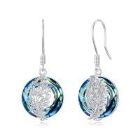 wholesale 925 Sterling Silver Peacock Feather Blue Crystal Drop Earrings-Peacock