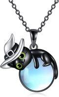 wholesale 925 Sterling Silver Moonstone Witch Hat Black Cat Halloween Necklace-0-0