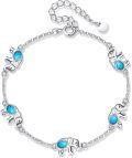 wholesale 925 Sterling Silver Elephant Turquoise Charm Anklet for Women Girls Beach  7-8 Adjustable Chain Length-0-0