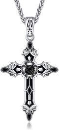 wholesale 925 Sterling Silver Black Gothic Inverted Cross Pendant with Rose and Stones Necklaces for Women-0-0