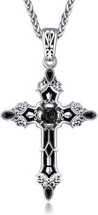 wholesale 925 Sterling Silver Black Gothic Inverted Cross Pendant with Rose and Stones Necklaces for Women-Gothic Cross
