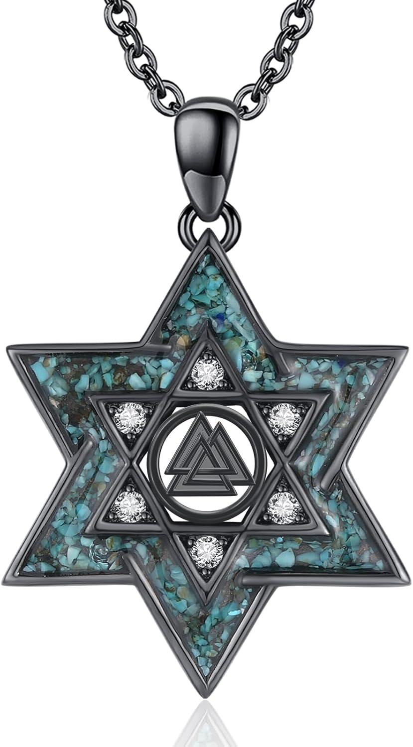 Sterling Silver Black Turquoise Star of David Pendant Necklace Jewish Jewelry Gifts for Women-Valknut