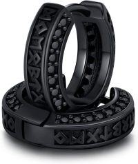 wholesale 925 Sterling Silver Viking Rune Black Cubic Zirconia Ankh Hoop Earrings for Men - Father's Day Gift-Viking Earrings