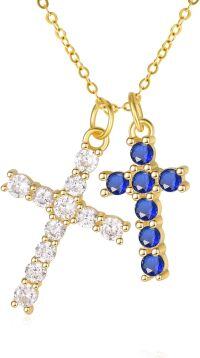 wholesale 14K Gold Sterling Silver Birthstone Double Cross Necklace for Women-04-09-Apr-Sept