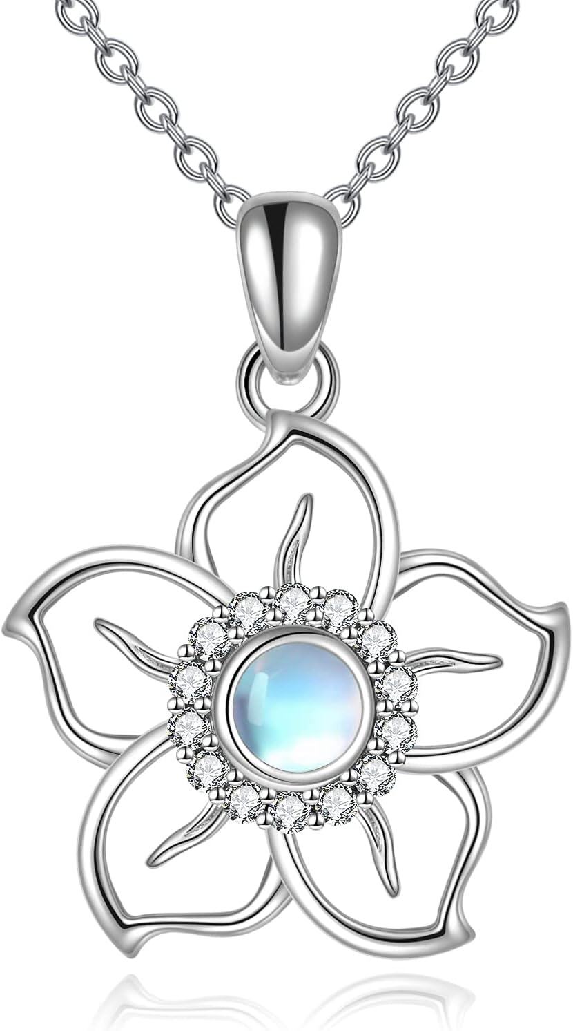 Sterling Silver Moonstone Flower Pendant Necklace for Women Teens-Flower