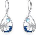 wholesale 925 Sterling Silver Teardrop Moonstone Palm Tree Wave Dangle Earrings - Oceanic Paradise Jewelry-0-0
