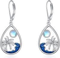 wholesale 925 Sterling Silver Teardrop Moonstone Palm Tree Wave Dangle Earrings - Oceanic Paradise Jewelry-Beach