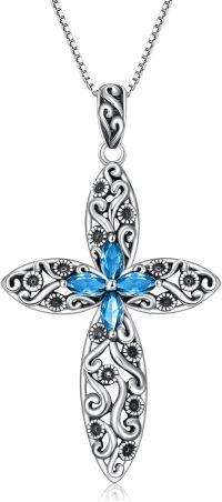 wholesale Sterling Silver 12 Birthstone Faith Cross Pendant Necklace for Women-Blue Topaz