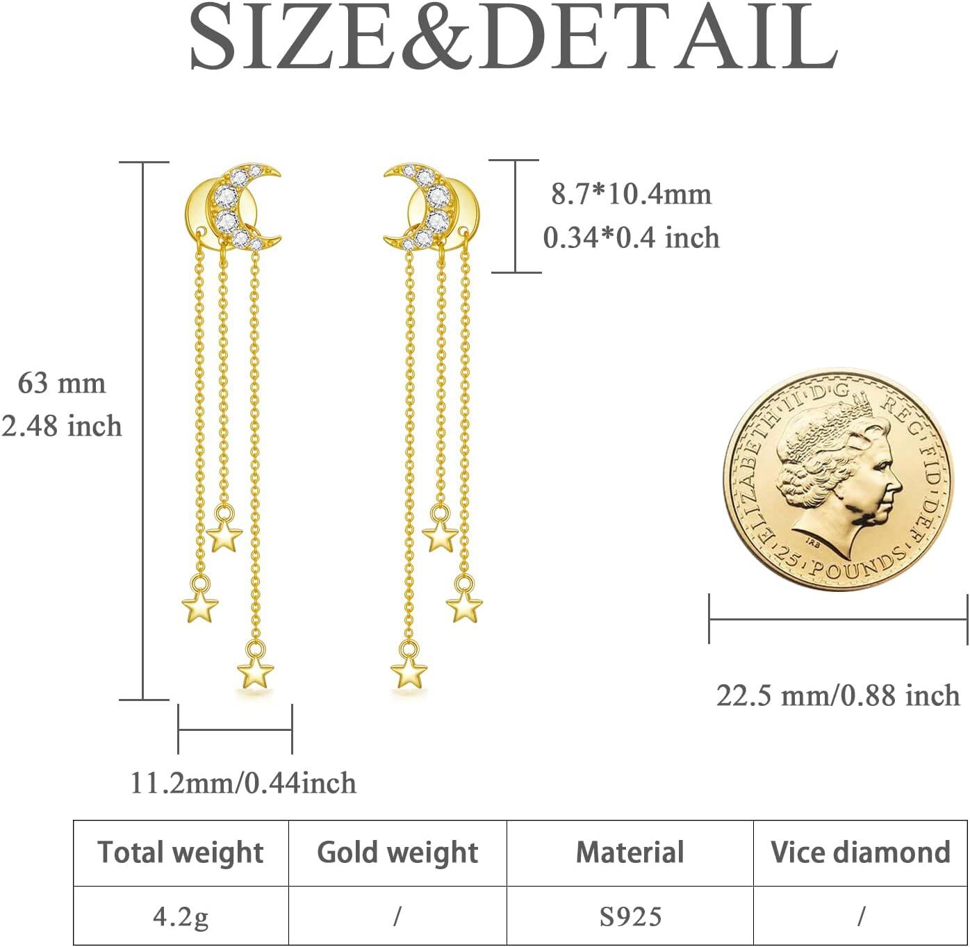 925 Sterling Silver Crescent Moon & Stars Chain Drop Stud Earrings for Women Girls Gift Set-0-4