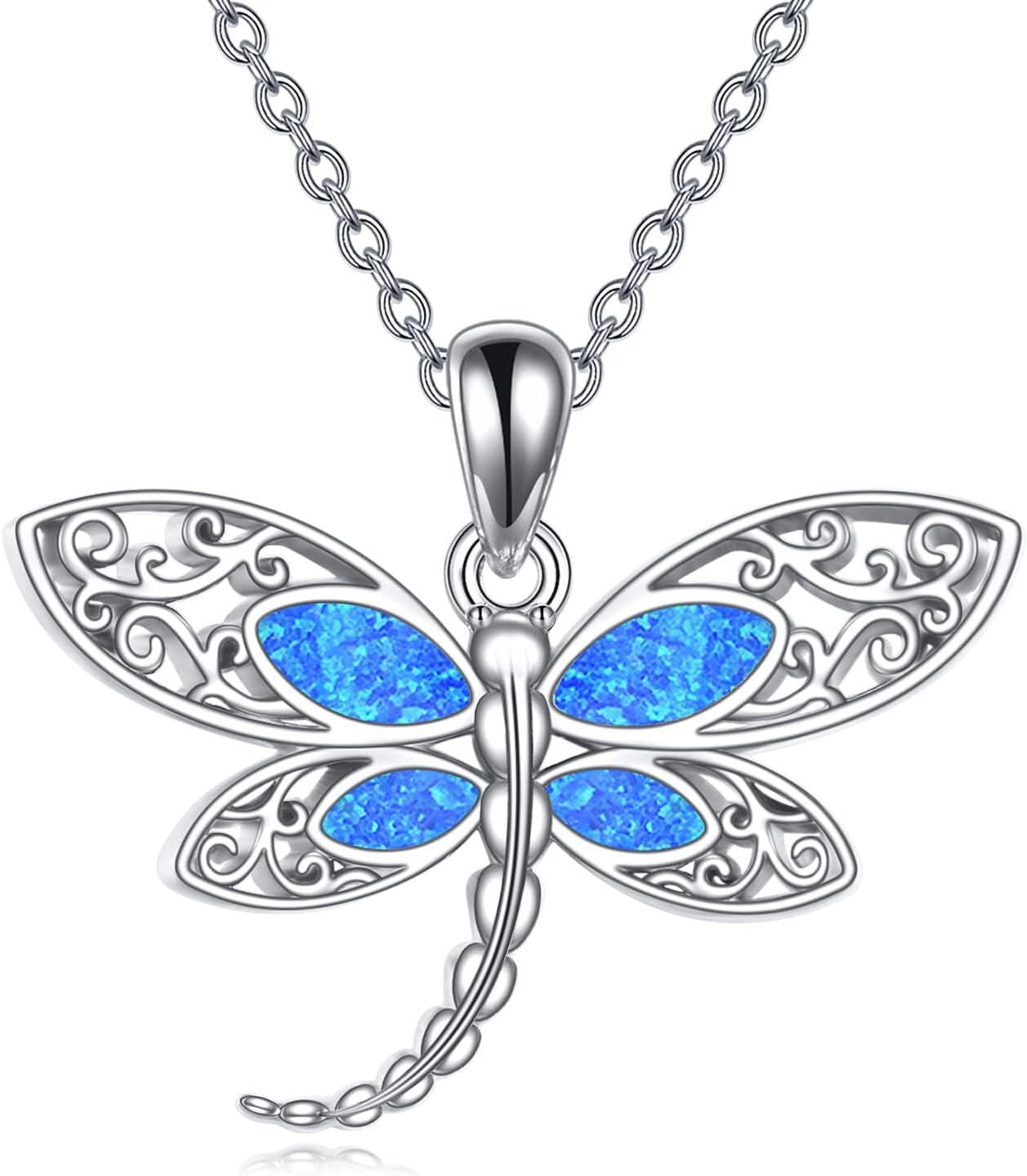 Sterling Silver Turquoise Moonstone Dragonfly Pendant Necklace for Women Mom-0-0