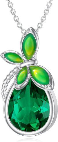 wholesale 925 Sterling Silver & Cubic Zirconia Dragonfly May Birthstone Emerald Necklace for Women-May