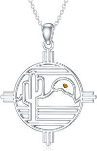 wholesale 925 Sterling Silver Round Rotatable Mountain Pendant Necklace with Amber Stone for Women Hikers and Campers-Mustard Seed