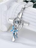 wholesale 925 Sterling Silver Butterfly Projection Cross Necklace w/Blue Crystals & I Love You Multi-Language Inscription - For Women/Girls-0-3