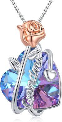 wholesale 925 Sterling Silver Heart-Shaped Pendant with Blue and Purple Crystals & Rose Design Necklace-Grandma