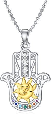 wholesale 925 Sterling Silver 925 Hamsa Hand Sun&Moon Multicolor Stone CZ Pendant Necklace-Hamsa Hand - Chakra
