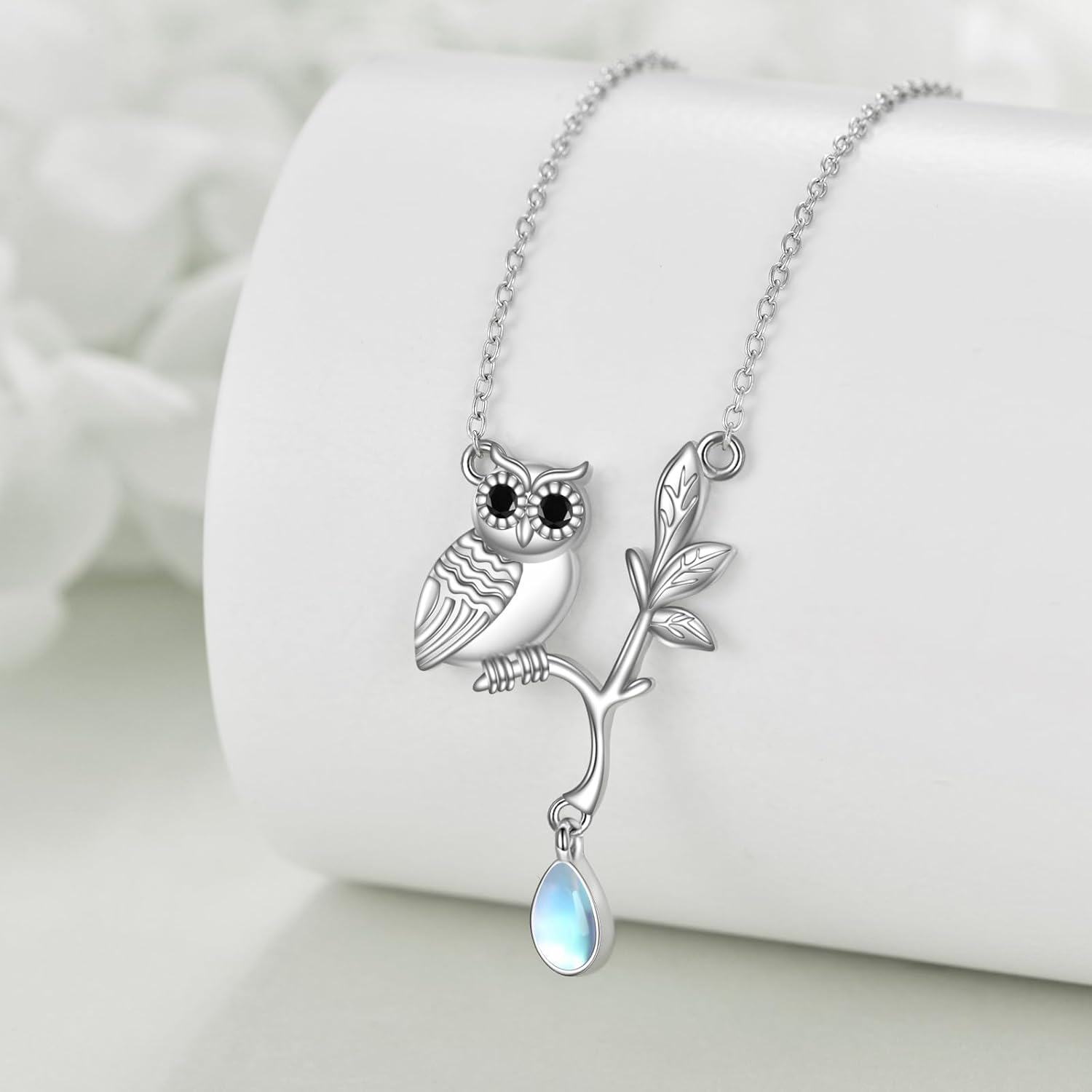 925 Sterling Silver Owl Teardrop Pendant Necklace with Moonstone and Branch Charm-0-3