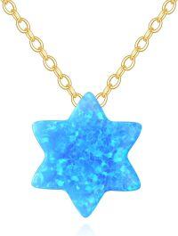 wholesale Gold Star of David Blue Fire Opal Charm 14K Gold Chain Necklace-Star of David