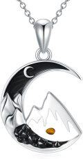 wholesale 925 Sterling Silver Crescent Moon Mountain Pendant Necklace with Black and Gold Accents-0-0
